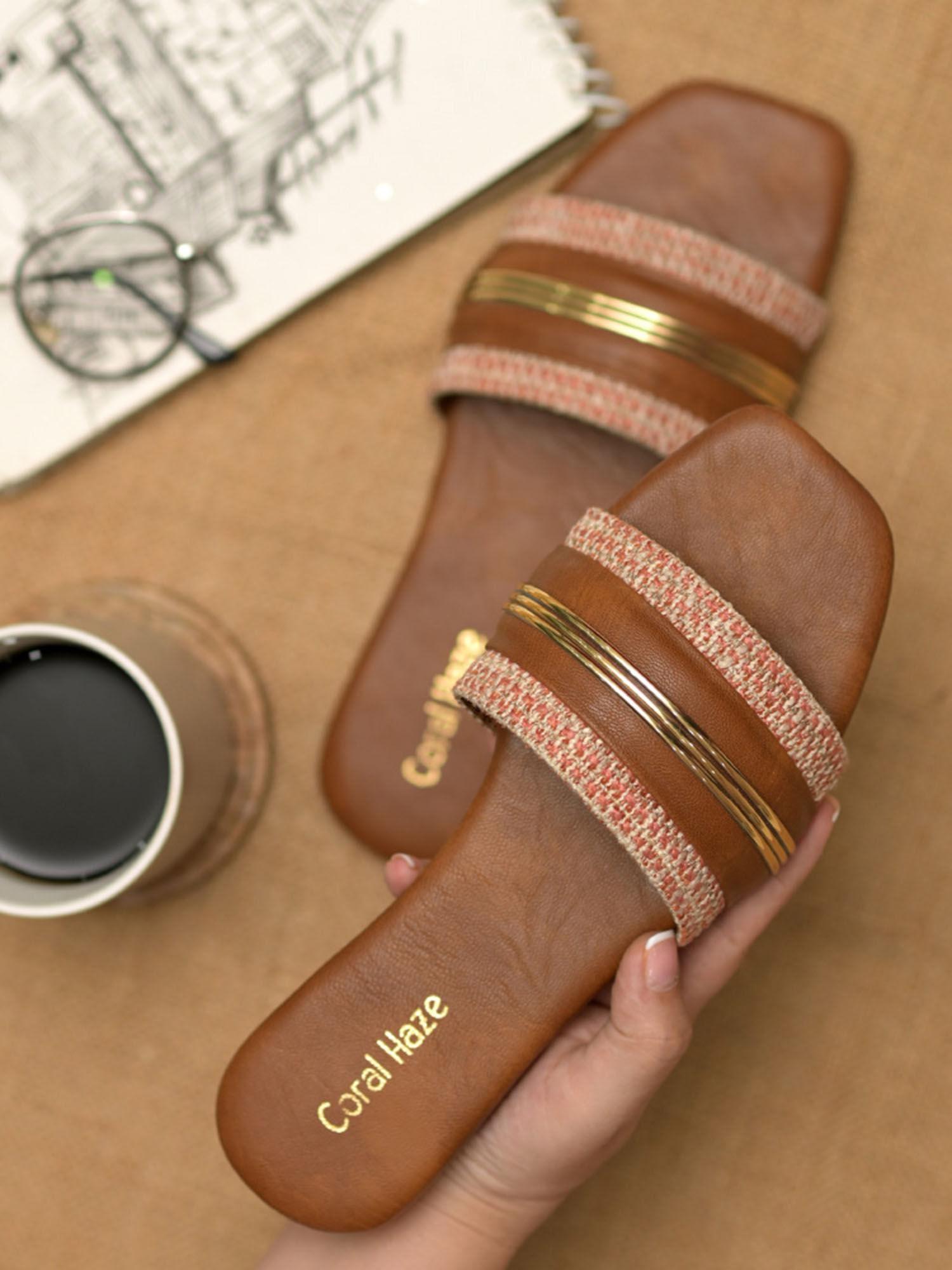 brown jacquard thick strap flats with gold detailing