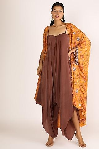 brown jumpsuit with orange printed jacket for girls