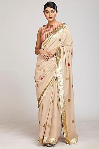 brown jute polka dot hand block printed saree set