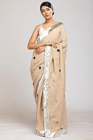 brown jute polka dot hand block printed saree set