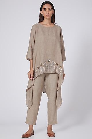 brown khaki embroidered high-low tunic