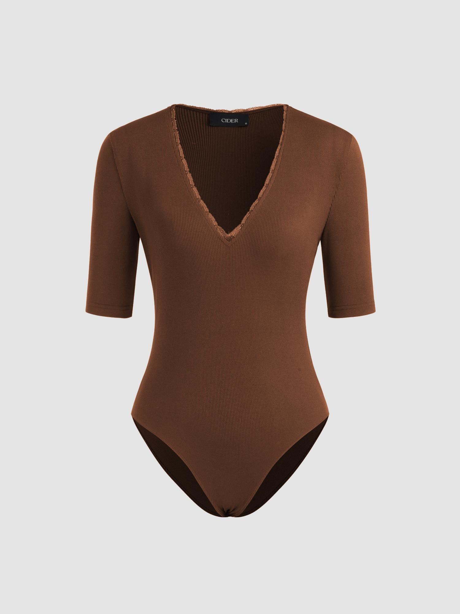 brown knit v-neck solid lace bodysuit