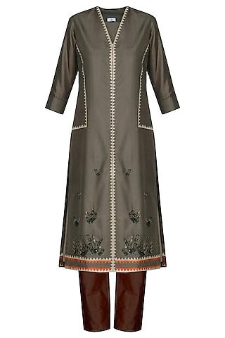 brown laser cut embroidered tunic with pants