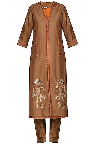 brown laser cut embroidered tunic with pants