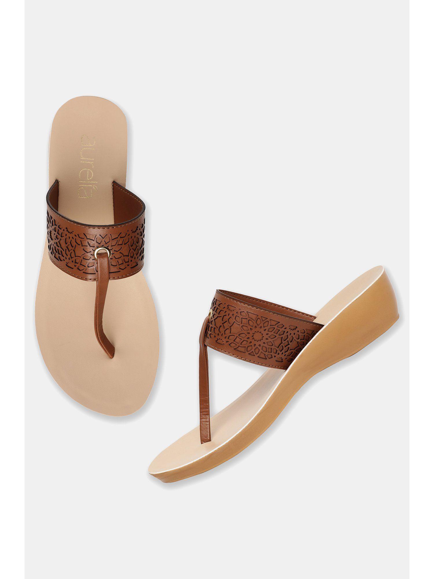 brown laser cut open toe wedges