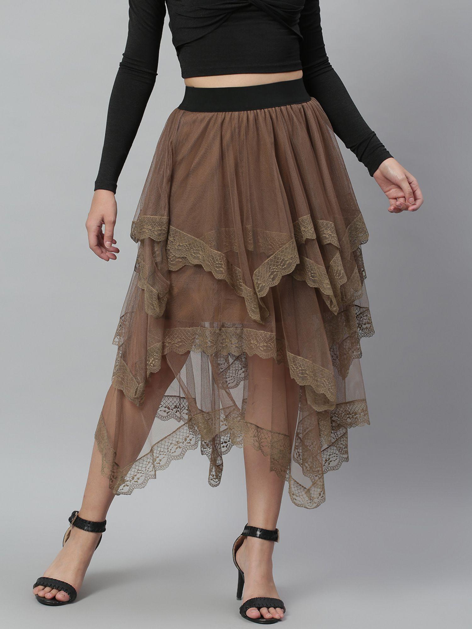 brown layered lace sheer skirt