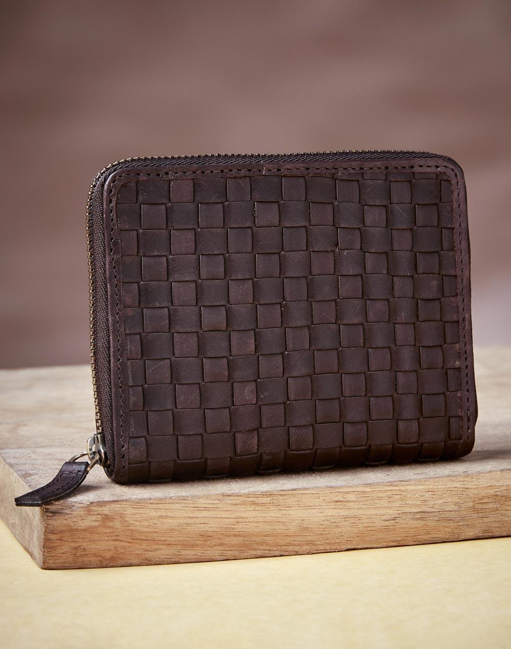 brown leather woven wallet