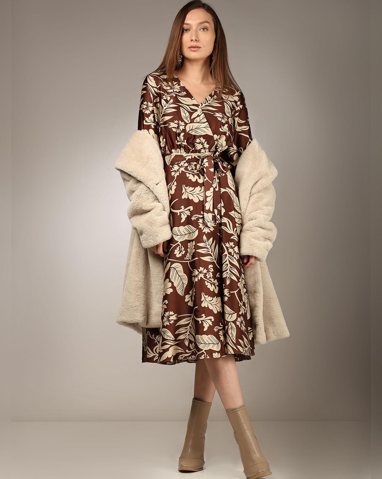 brown leaves print midi dress
