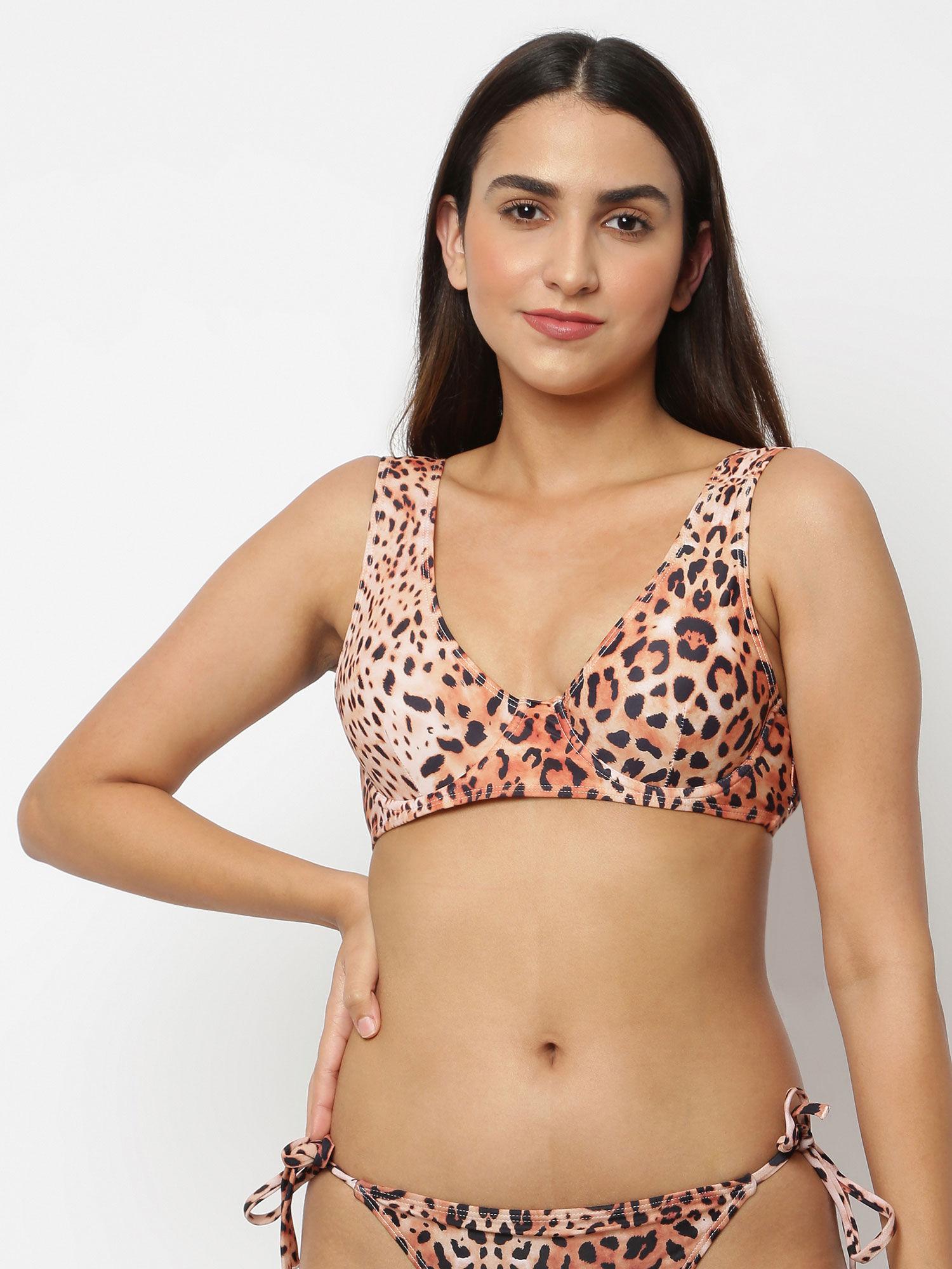 brown leopard print wide strap underwire u bikini top