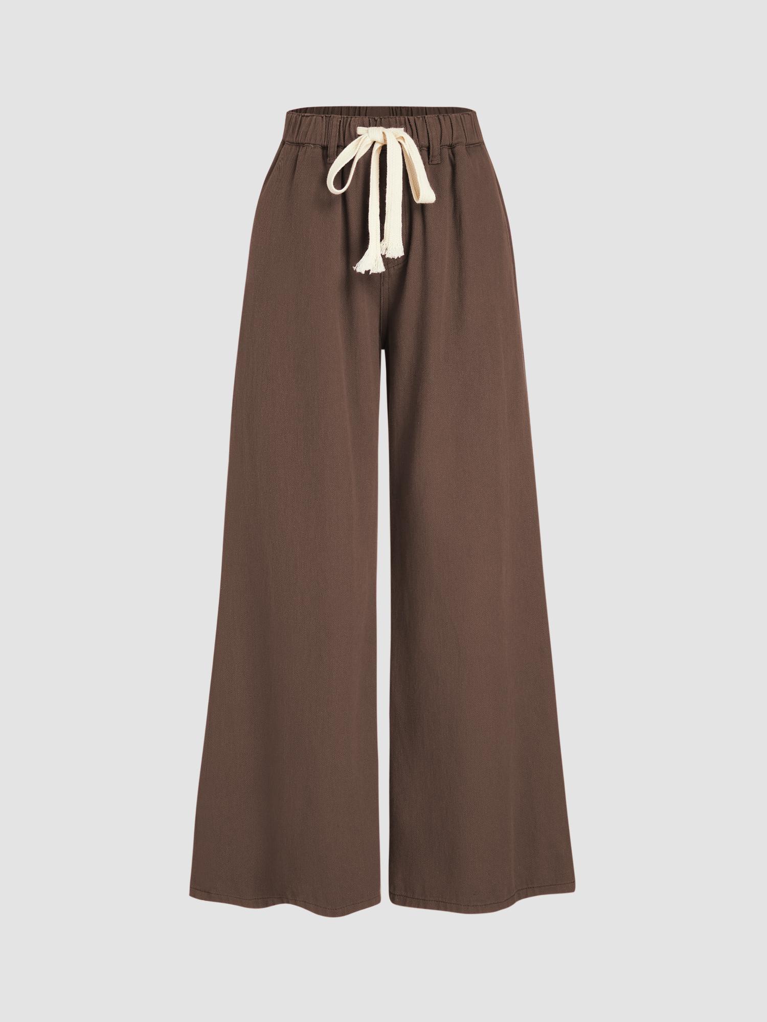 brown leslie denim high waist solid tie front wide leg trouser