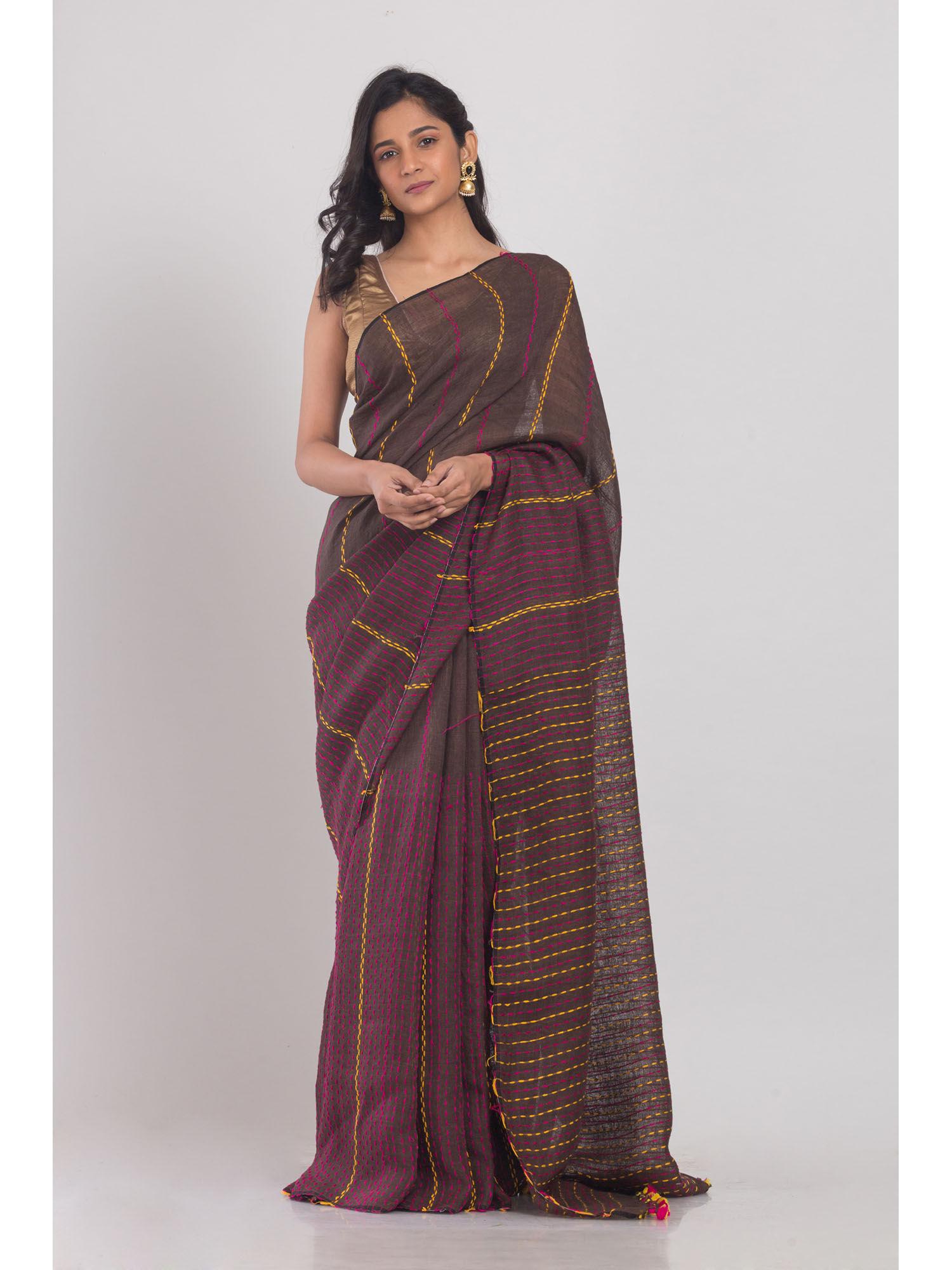 brown linen embroidered handloom saree with unstitched blouse