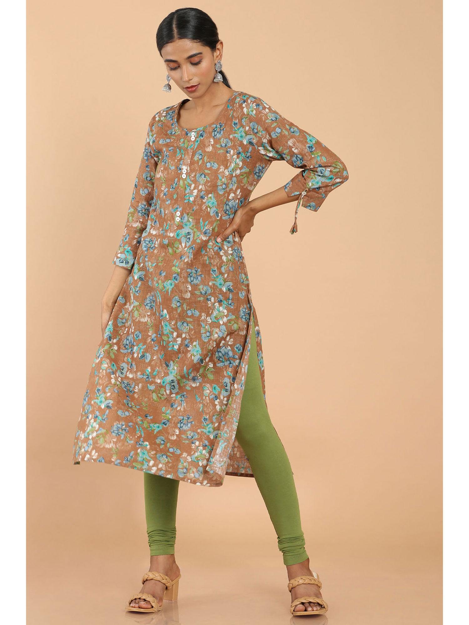 brown linen floral print kurta