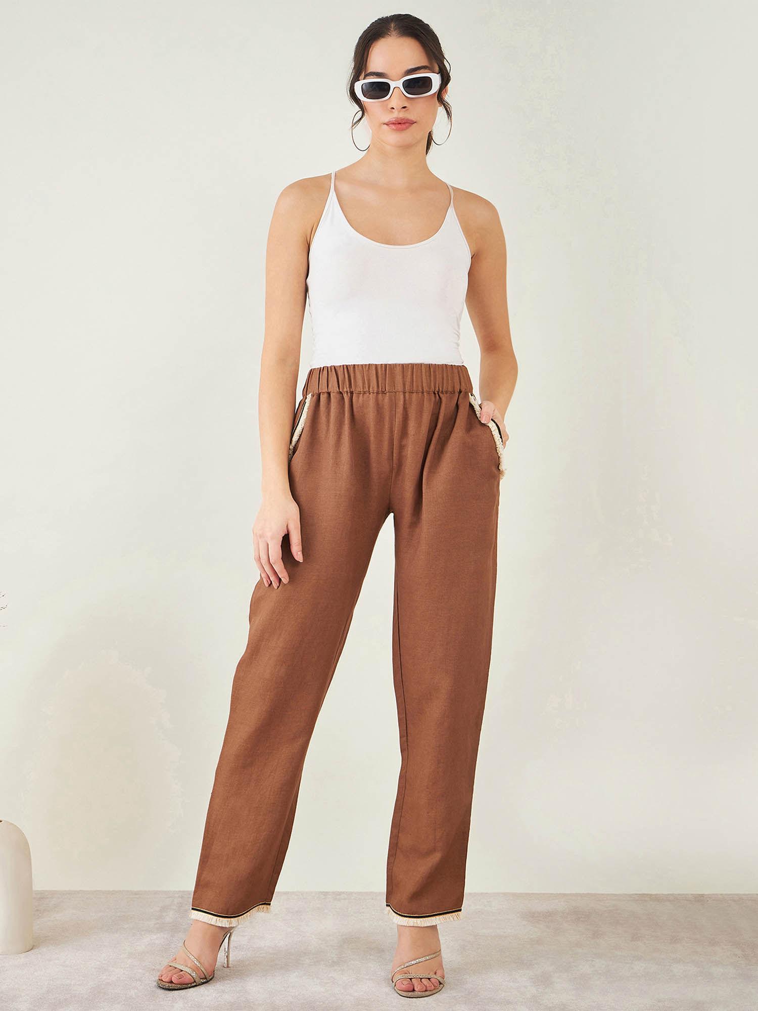 brown linen pant with lace detail