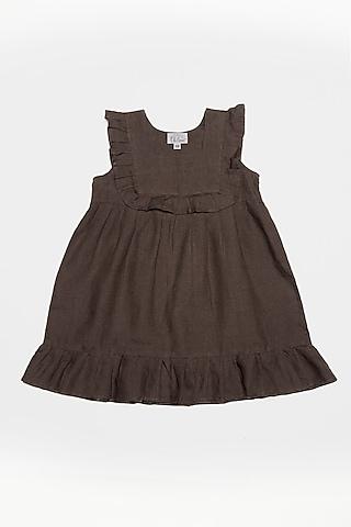 brown linen ruffled dress for girls