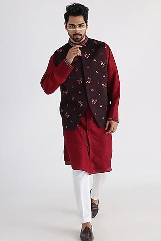brown linen satin thread embroidered nehru jacket