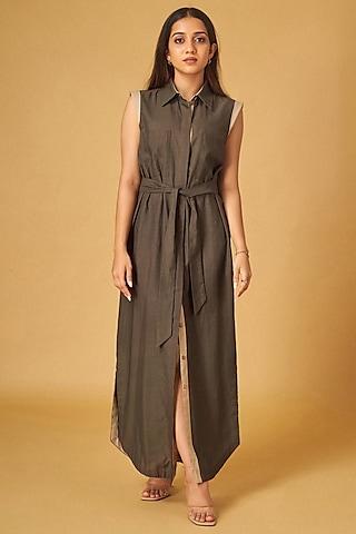 brown linen shirt dress with belt