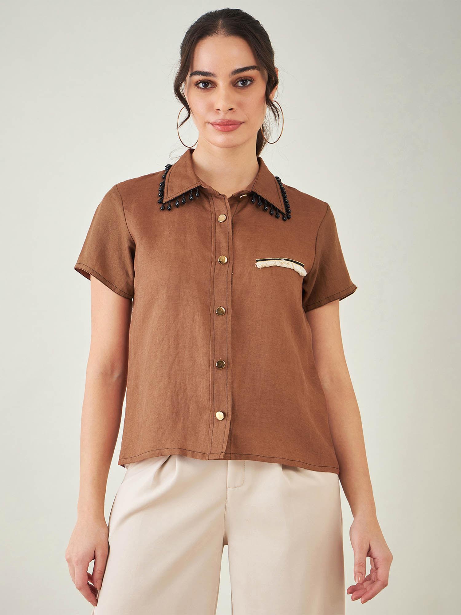 brown linen shirt with lace detail