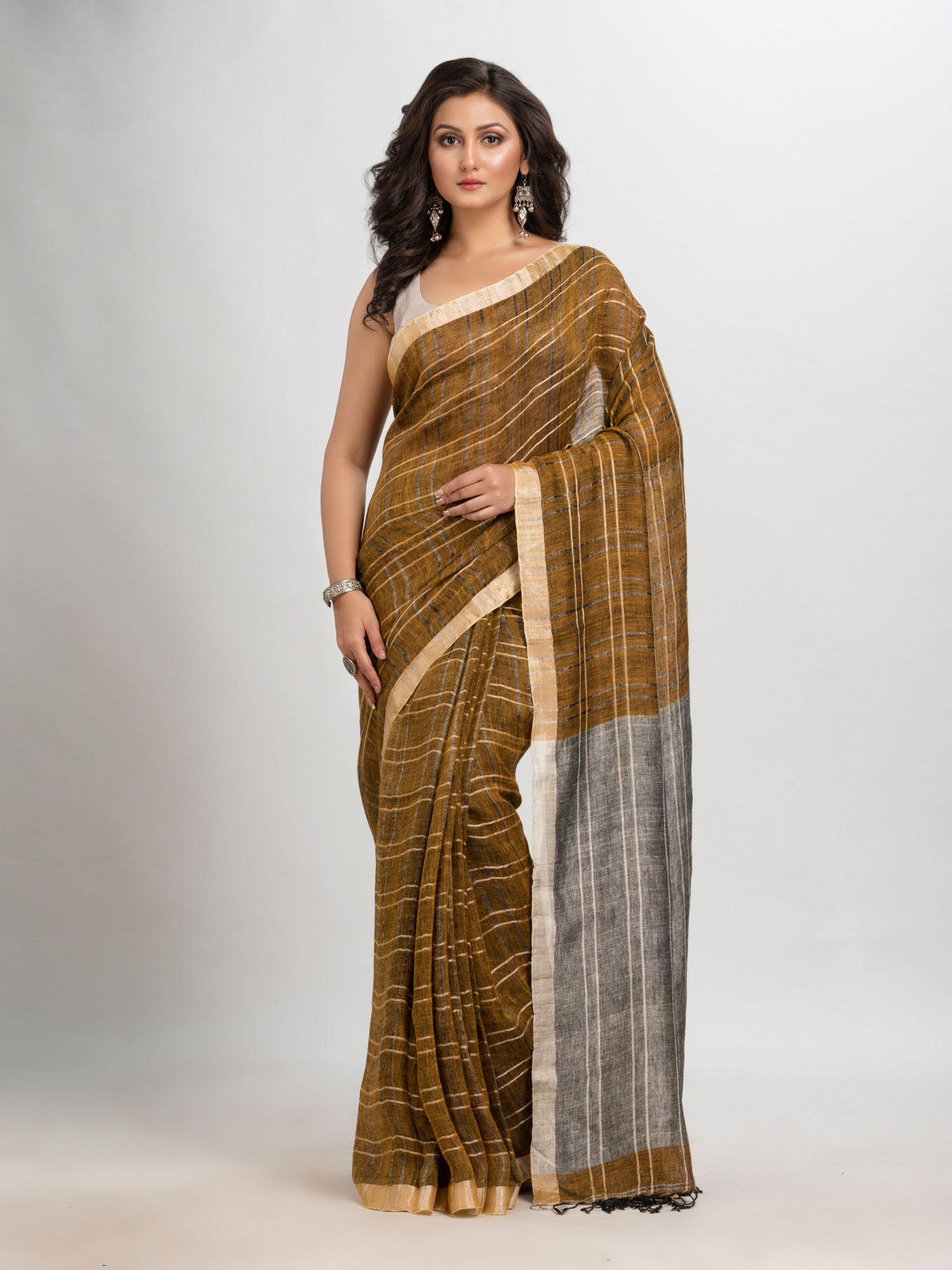 brown linen stripes woven saree with unstitched blouse