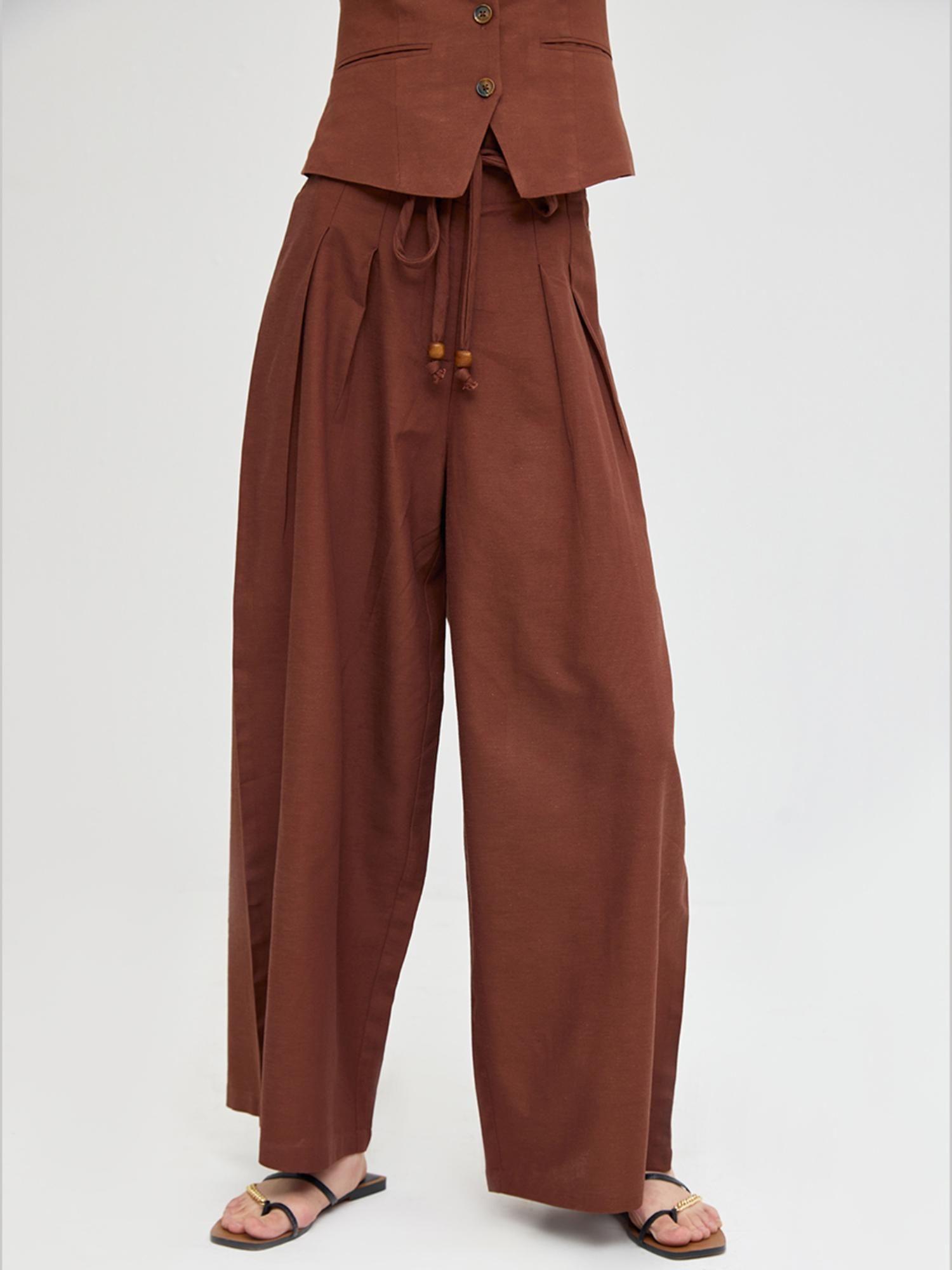 brown linen wide leg trouser