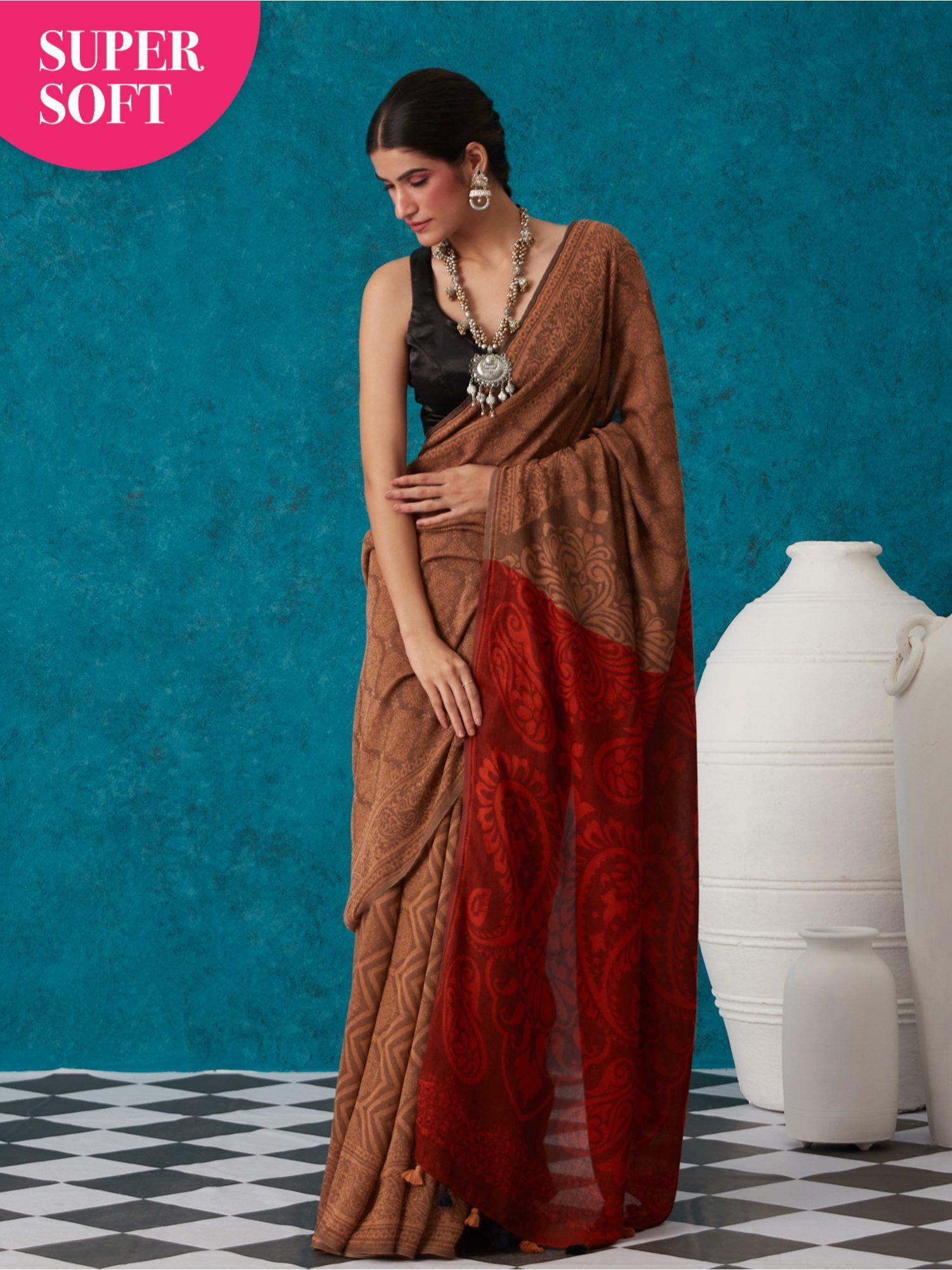 brown liva jacquard textured lite saree with unstitched blouse liksar29 (free size)