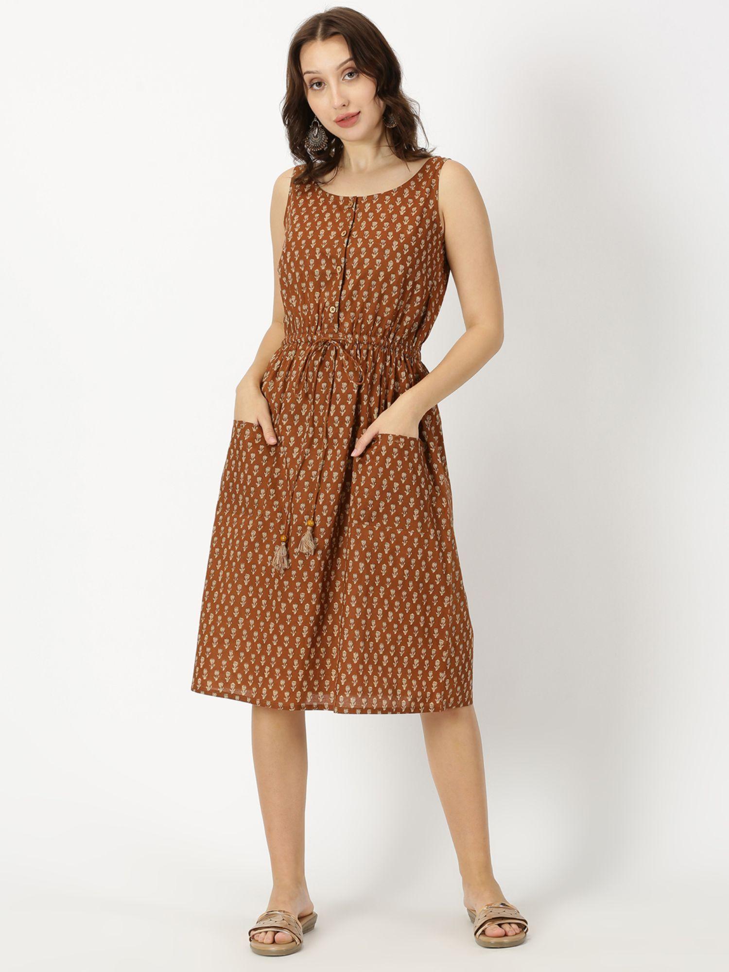 brown lotus print midi dress with waist tie-up