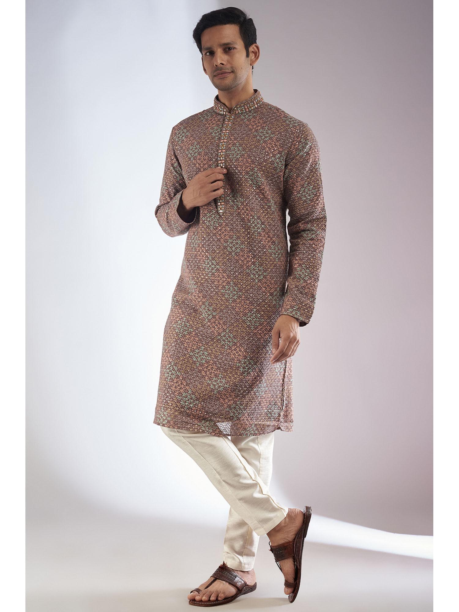 brown lucknowi embroidered kurta with pant (set of 2)