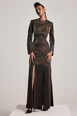 brown lurex tulle gathered dress