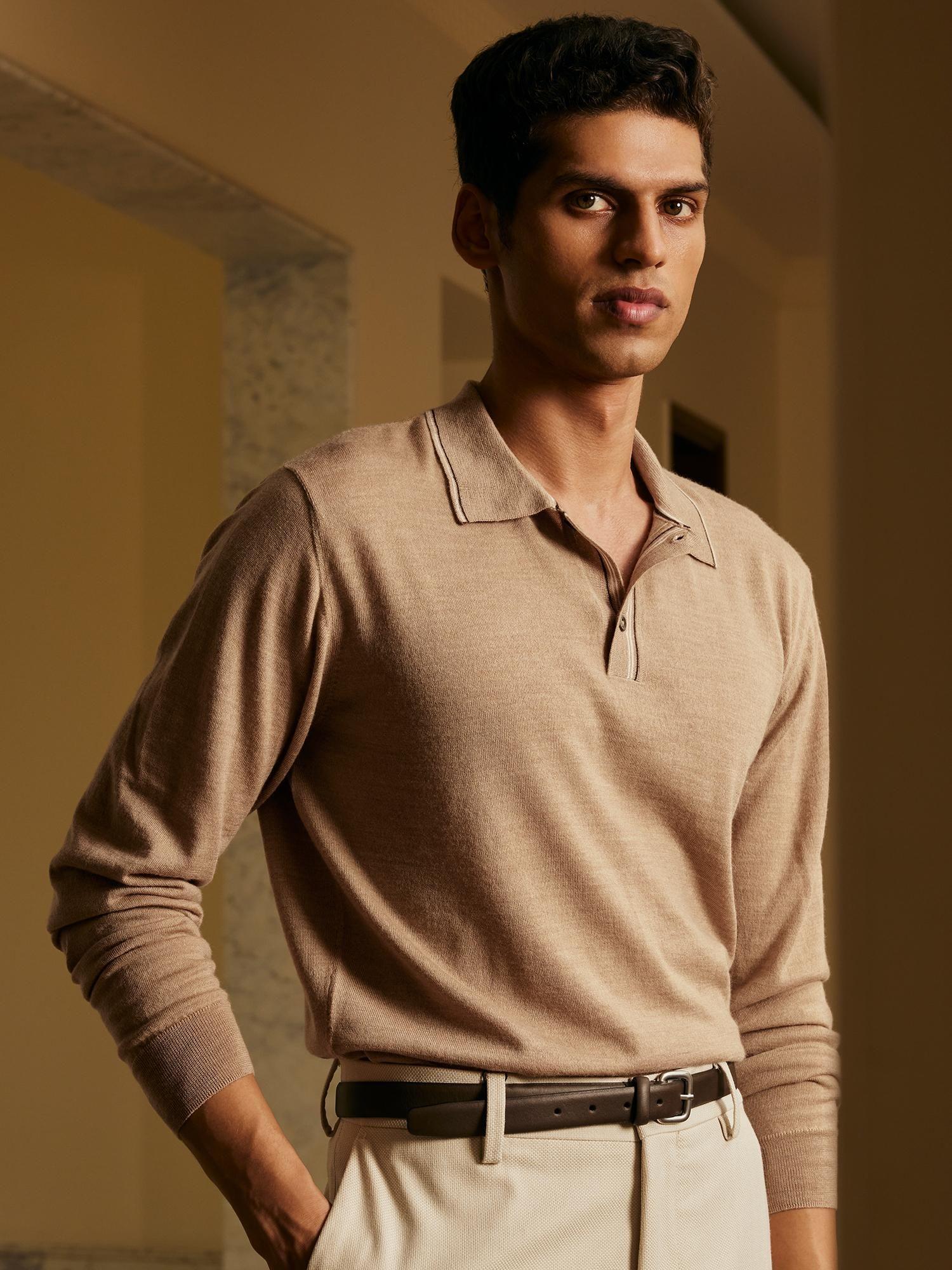 brown men's full sleeve merino wool polo regular fit t-shirt