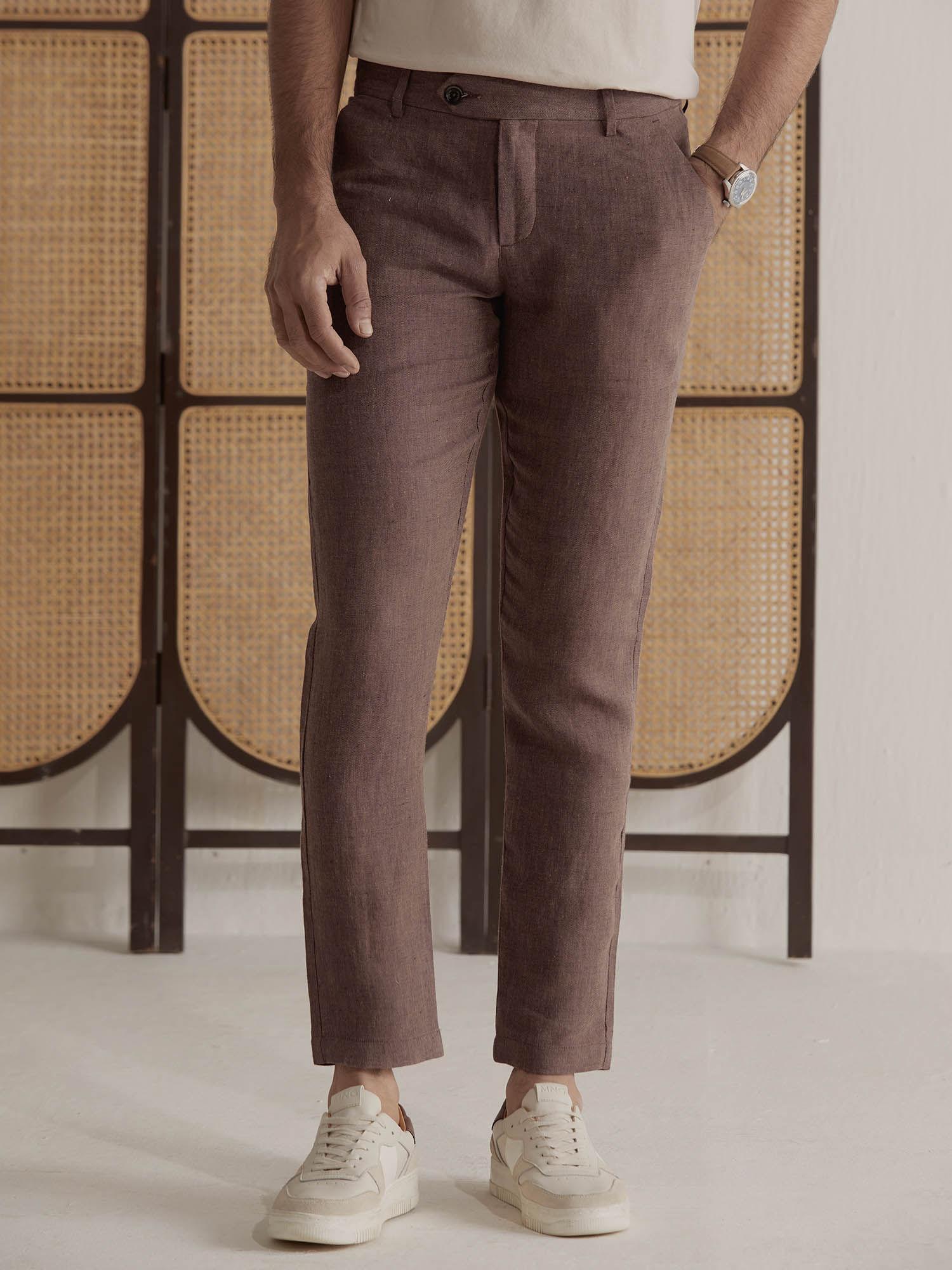 brown men's linen extended waistband pant