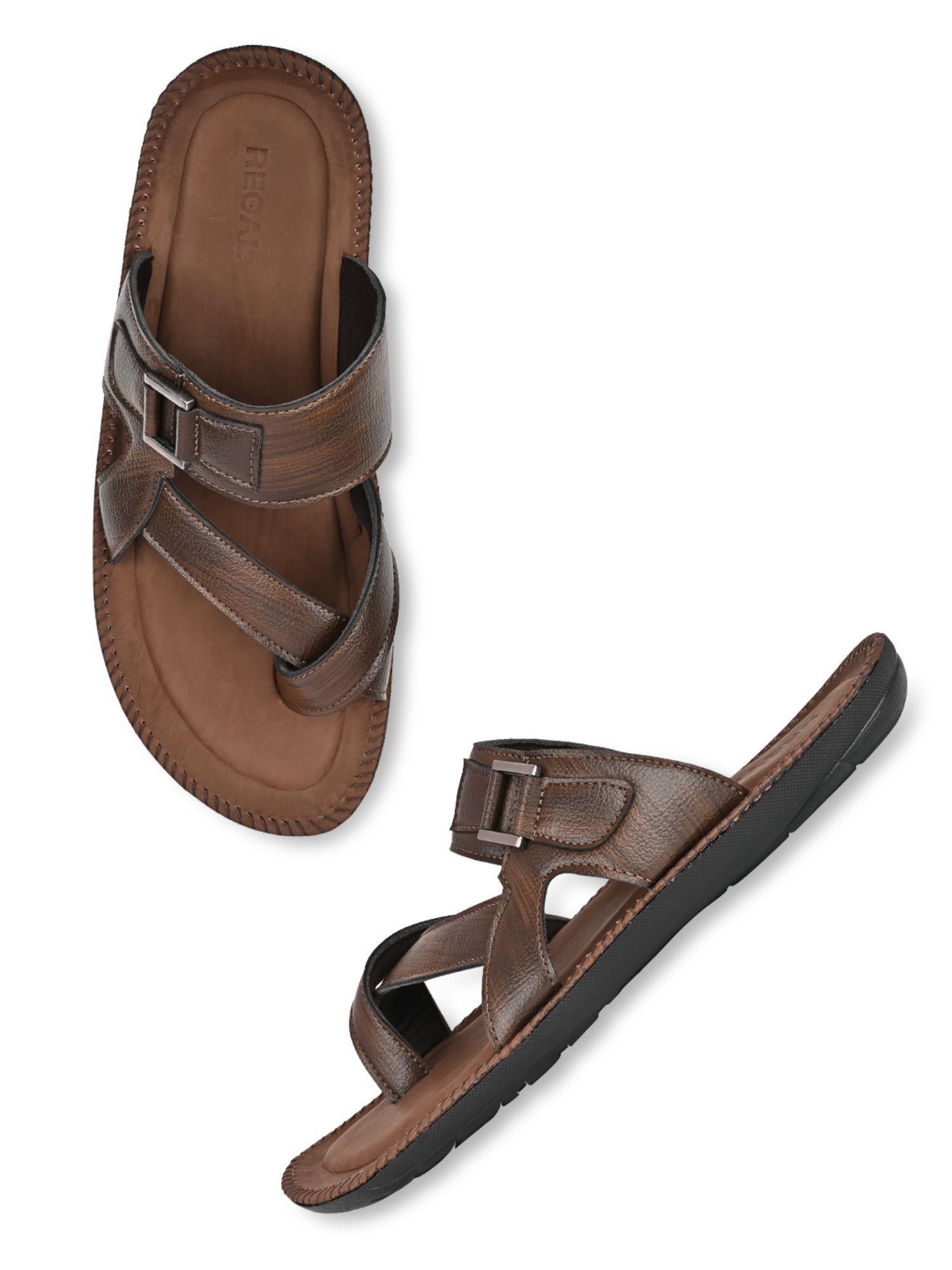 brown men solid casual leather sandals