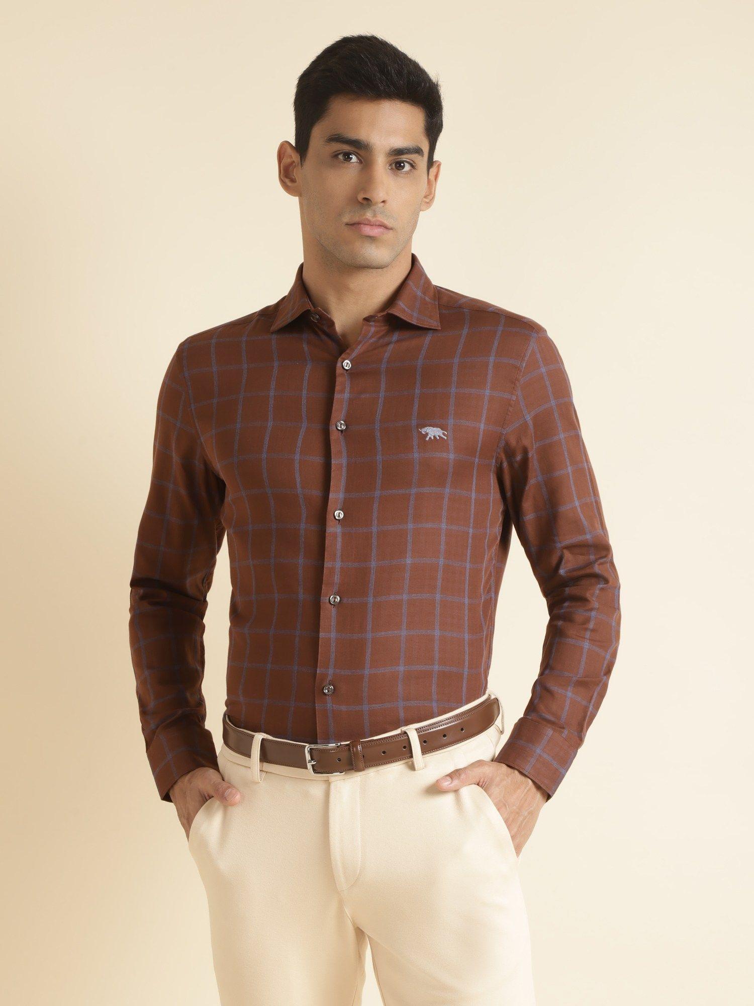 brown mens full sleeve evening shirt regular fit