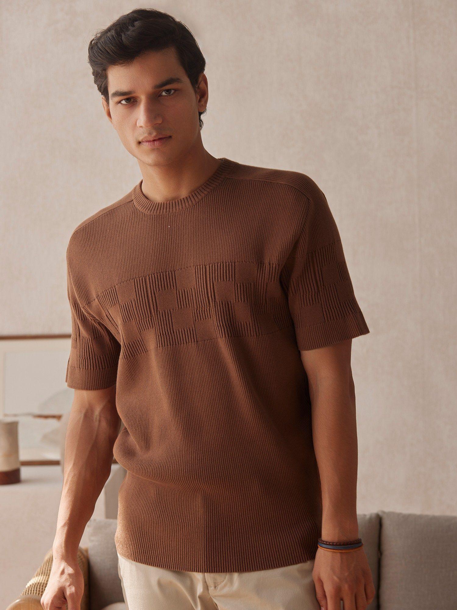 brown mens half sleeve crew neck regular fit