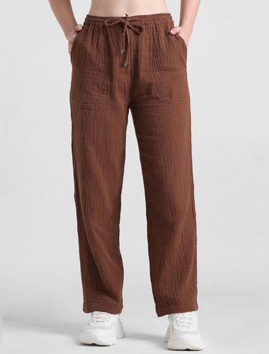 brown mid rise crinkle weave pants