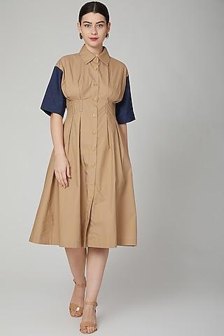 brown midi dress with button placket