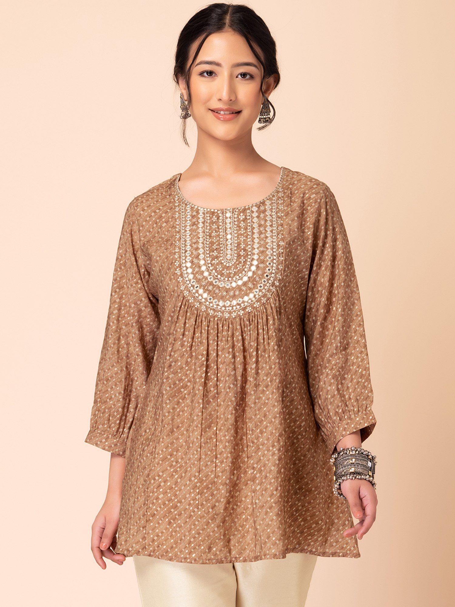 brown mirror embroidered muslin short kurti