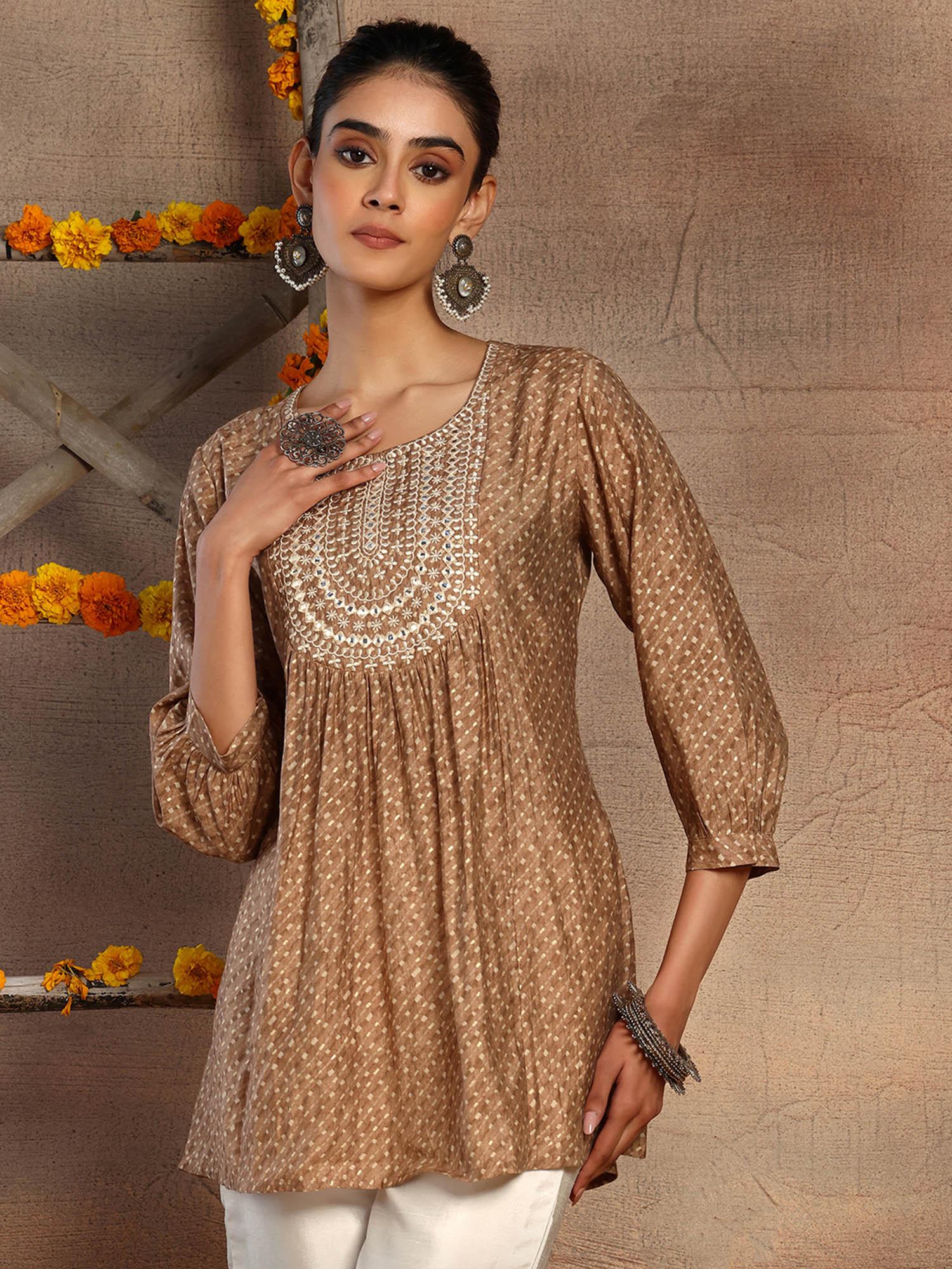 brown mirror embroidered short muslin tunic