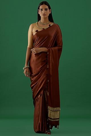 brown modal satin embellished bandhej saree set