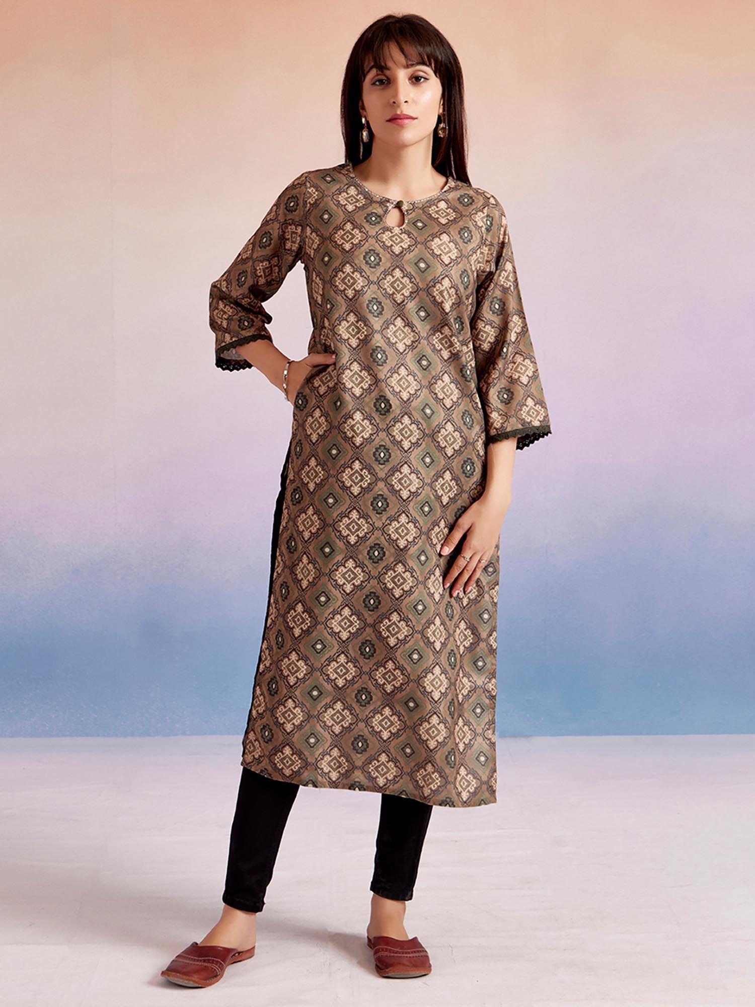 brown moroccan printed straight kurta