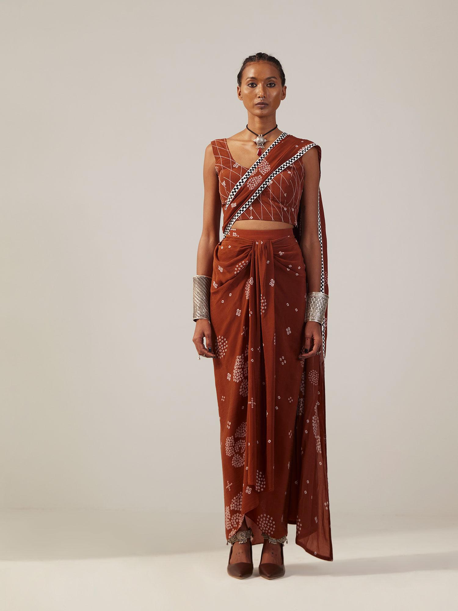brown mufti pre-draped saree with padded blouse with stitched