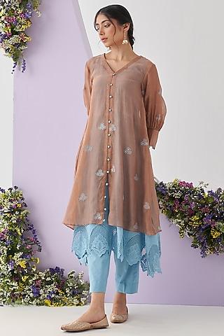 brown mul chanderi embroidered kurta set