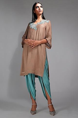 brown mulmul thread embroidered kurta set