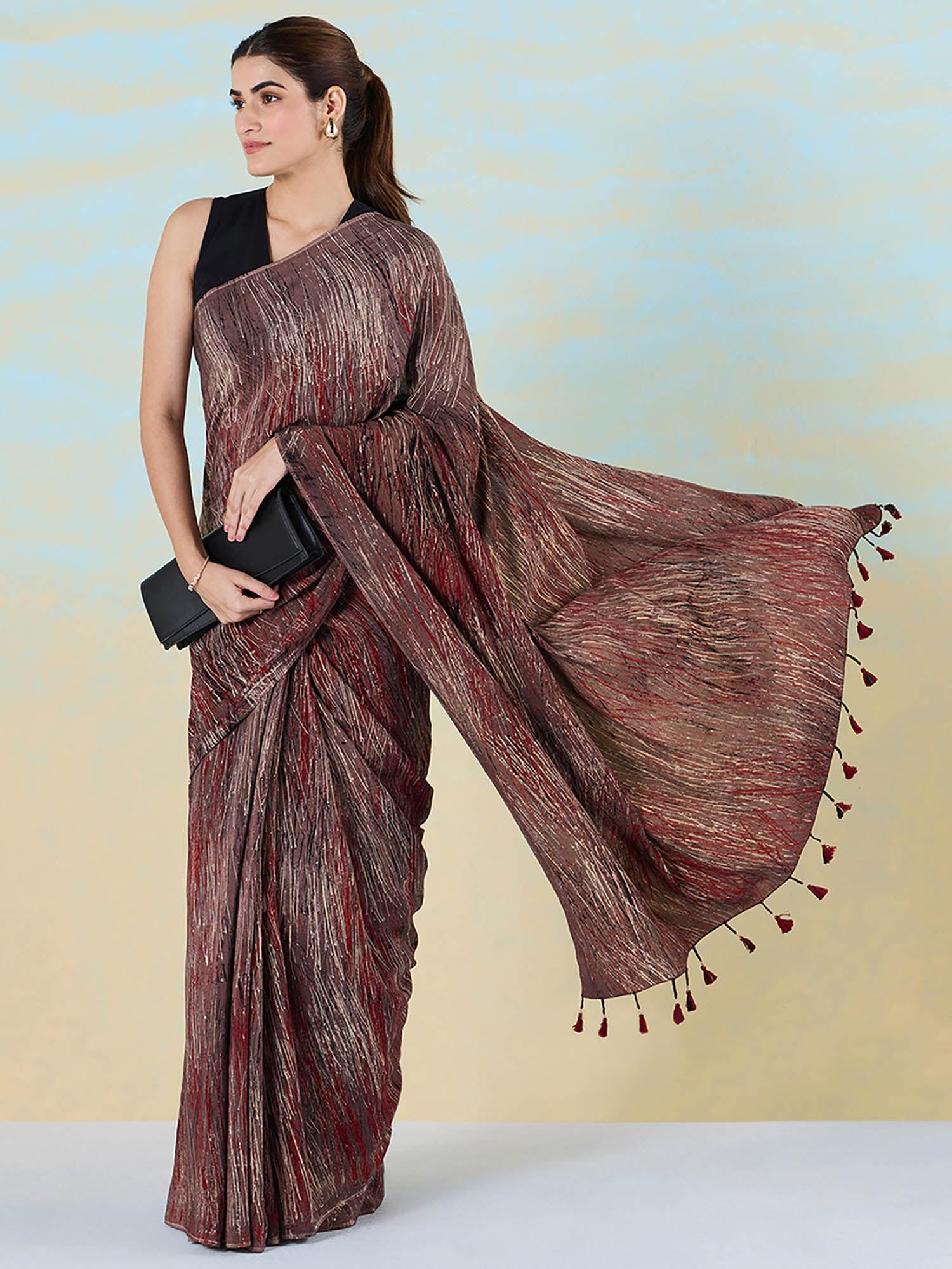 brown mural saree with unstitched blouse