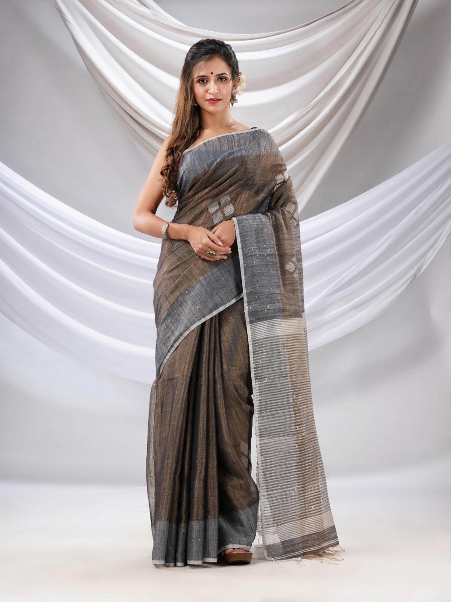 brown muslin tissue handwoven soft saree with texture motifs with unstitched blouse