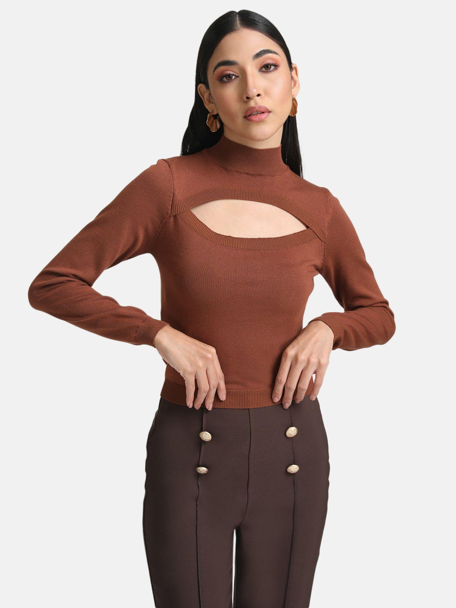 brown neck cut-out pullover
