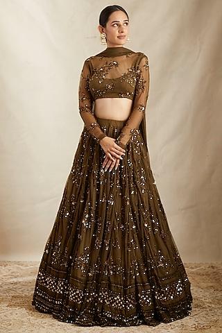 brown net & crepe thread embroidered lehenga set