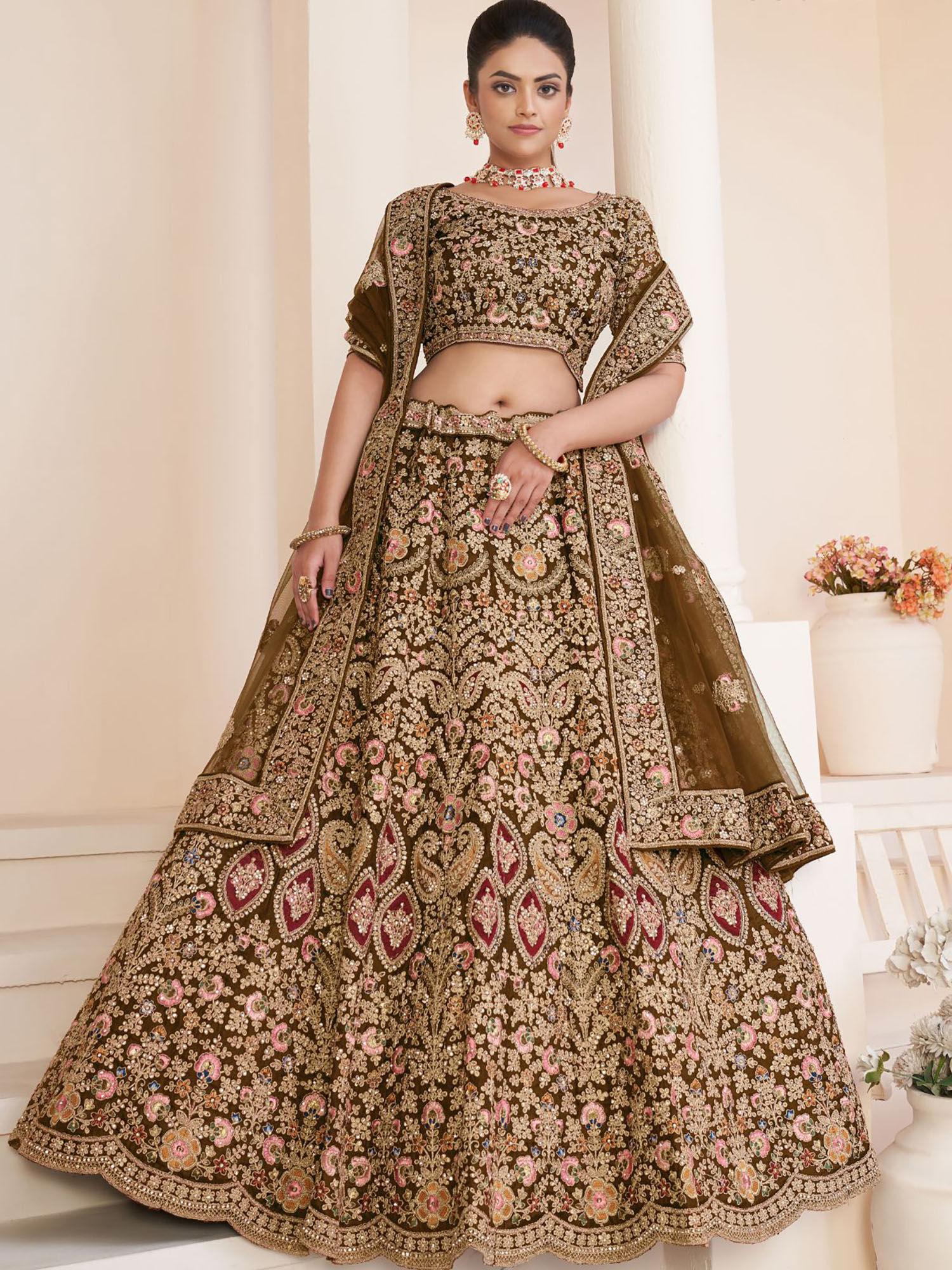 brown net embroidered semi stitched lehenga with unstitched blouse (set of 3)