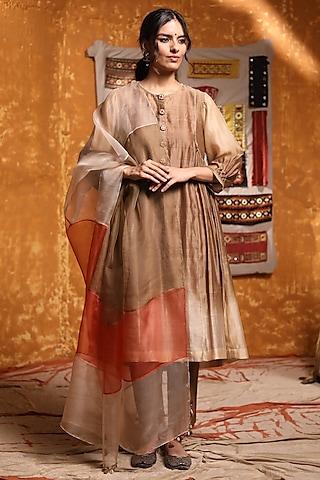 brown ombre handloom chanderi embroidered kurta set