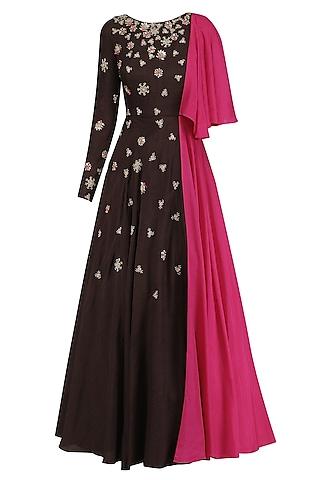 brown one shoulder drape embroidered gown