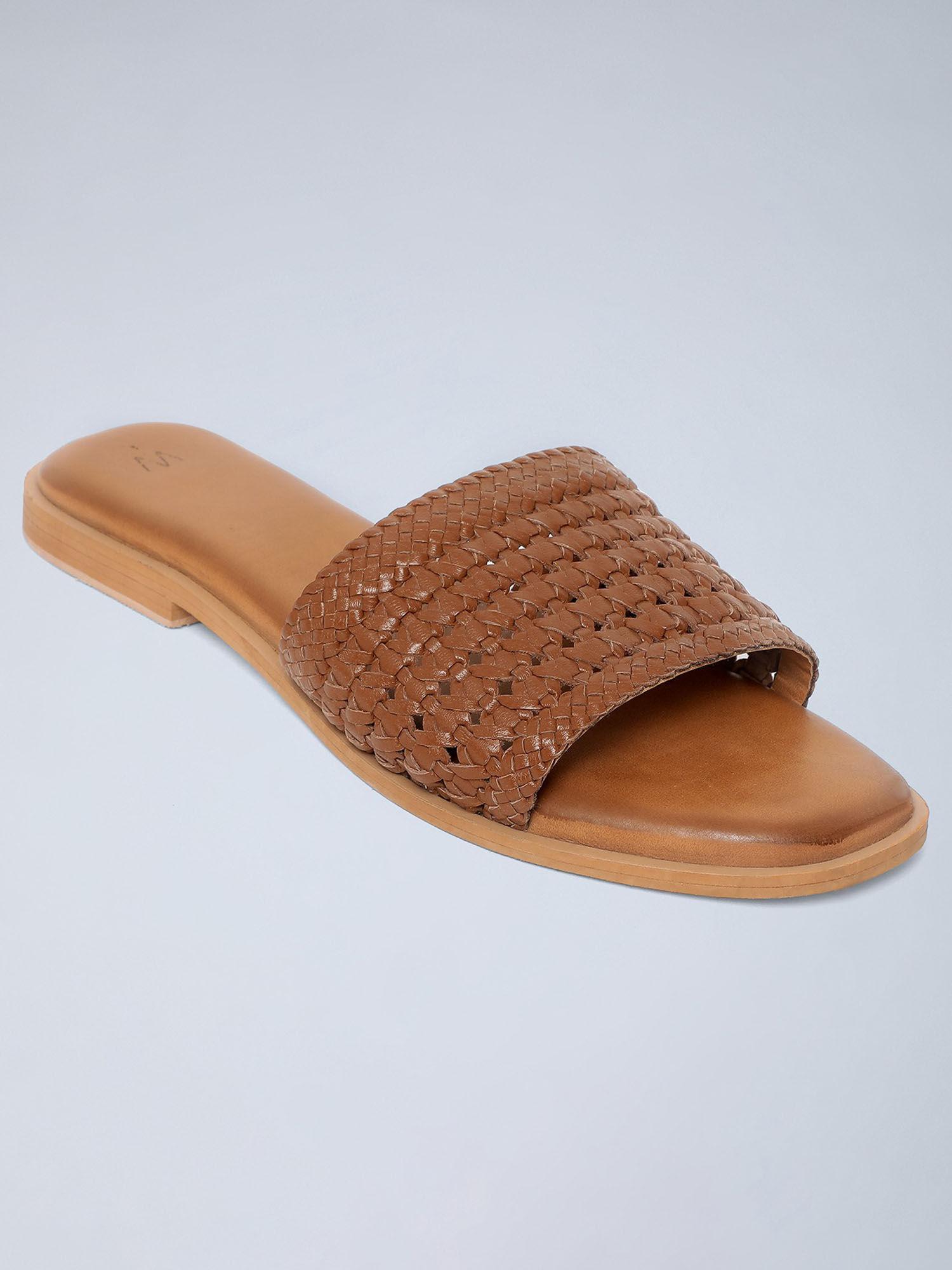 brown open toe woven design flats