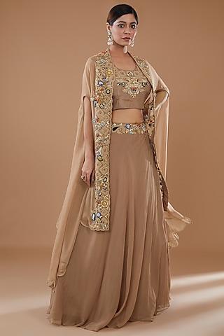 brown organza embroidered cape set